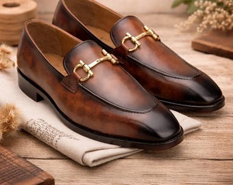 Handmade Brown Leather Horsebit Loafers, Men's Italian Dress Shoes