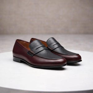 Handmade Men’s Burgundy Leather Penny Loafers – Slip On Dress Shoes for Office & Wedding