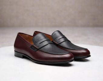 Handmade Men’s Burgundy Leather Penny Loafers – Slip On Dress Shoes for Office & Wedding