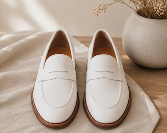 Custom Made White Leather Loafers – Men's Genuine Leather Penny Shoes for Office & Wedding