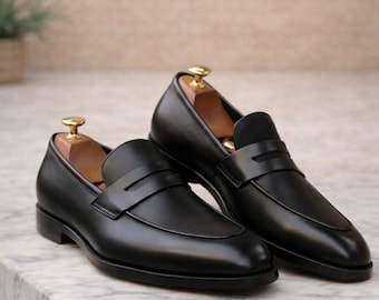 Handmade Men’s Black Leather Loafers – Classic Slip On Dress Shoes, Stylish Office Wear