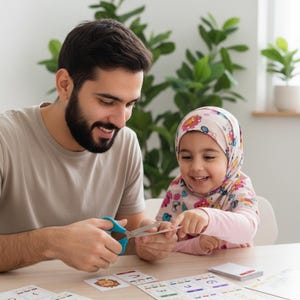 May include: A man and a young child are seated at a table, engaged in an educational activity. The man is using blue scissors to cut a card, while the child watches. Several cards with numbers and images are on the table.