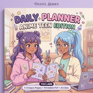 Pode incluir: Uma capa de livro Pastel Series Daily Planner Anime Teen Edition com duas personagens ilustradas de cabelo roxo e azul, segurando canetas e uma agenda aberta decorada com autocolantes. A capa inclui o texto Yoo Labs, 5 Unique Pages, Printable PDF, A4 Size.