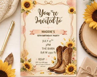 Puede incluir: Una tarjeta de invitación rectangular para fiesta de cumpleaños con girasoles amarillos, un par de botas vaqueras marrones y el texto: You're Invited to, MADDIE'S 12TH BIRTHDAY PARTY, JULY 17TH, 3PM, THE BARN, 878 W 2350 N, RSVP JAN 777-678-5454.