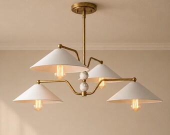 Handgefertigter 4-flammiger Kronleuchter aus Messing | Moderne White Shade Deckenleuchte | Dekor für Küche und Esszimmer