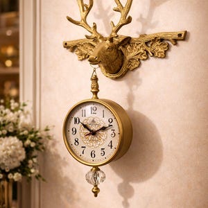 May include: A gold-colored wall clock featuring a deer head design. The clock face is round with black numerals and ornate hands. A decorative crystal hangs below the clock. The deer head and antlers are intricately detailed.