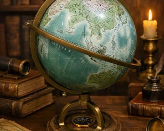 Globo de escritorio decorativo de 8 pulgadas – Acabado verde con soporte de trípode de latón (estilo vintage)