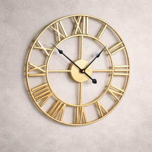 Large 24 Inch Brass Skeleton Clock – Roman Numeral Metal Wall Decor