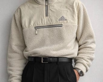Vintage Adidas Teddy Fleece Halfzip Sweatshirt uit de jaren 90, beige, maat M/L, retro oversized.
