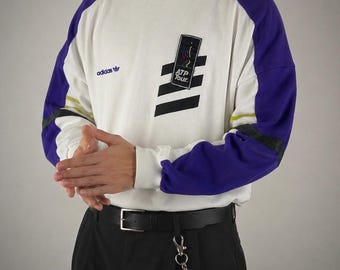 Sweat-shirt vintage Adidas ATP Tennis Tour des années 90, blanc et violet, taille XL, col rond