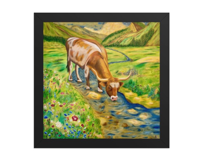 Featured listing image: Longhorn Cow Drinking Water Framed Poster | Western Ranch Landscape Artwork
