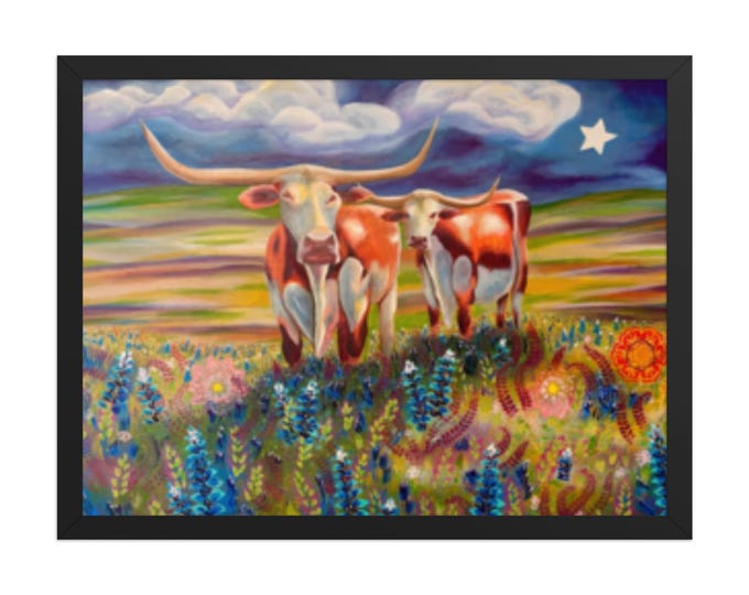 Featured listing image: Longhorns & Wildflowers Framed Poster | Texas Western Wall Art | Original Landscape Artwork | Ranch Decor