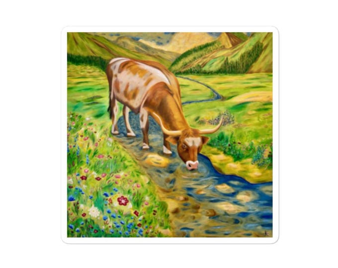 Featured listing image: Longhorn Drinking Water Sticker | Bubble-Free Vinyl Decal | Funny Texas Cow Art | Western Gift