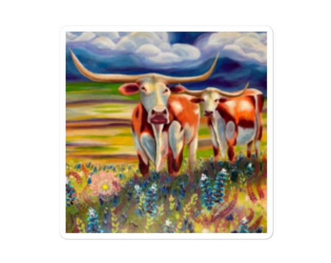 Featured listing image: Longhorns & Wildflowers Sticker | Bubble-Free Vinyl Decal | Texas Western Art | Original Artwork