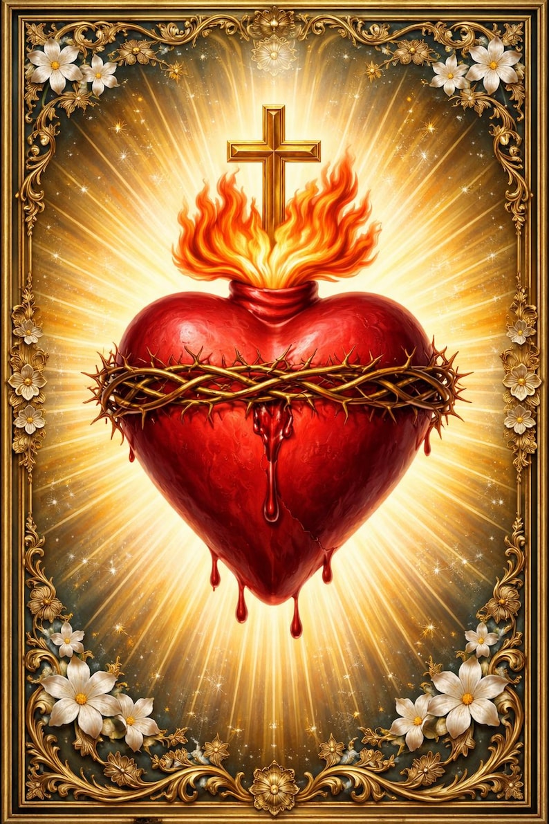 May include: A digital illustration of a Sacred Heart, featuring a vibrant red heart encircled by a crown of thorns. Flames rise from the top, and a golden cross is above. The heart has blood droplets. The image is framed with gold floral accents.