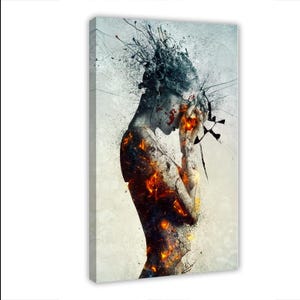 Surrealistisk eldig kvinnlig silhuettkonsttryck, abstrakt emotionell modern väggdekor, exploderande huvud