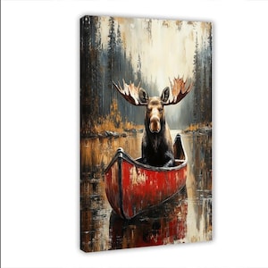 Moose in Red Canoe Canvas Print: Rustic Lake Cabin Wall Art