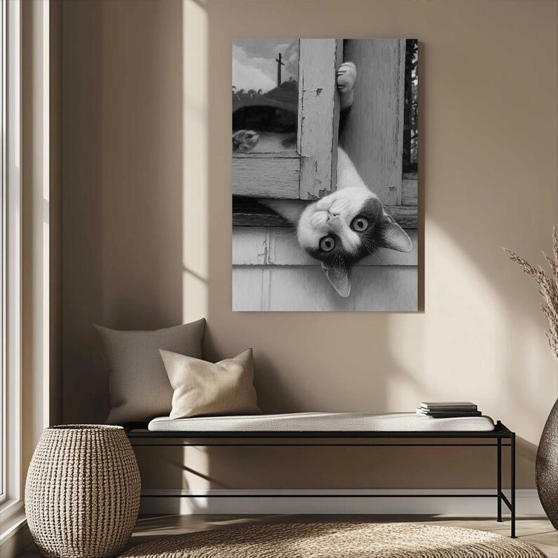 Playful Cat Peeking Window Black White Photo Print, Kitten Wall Art ...