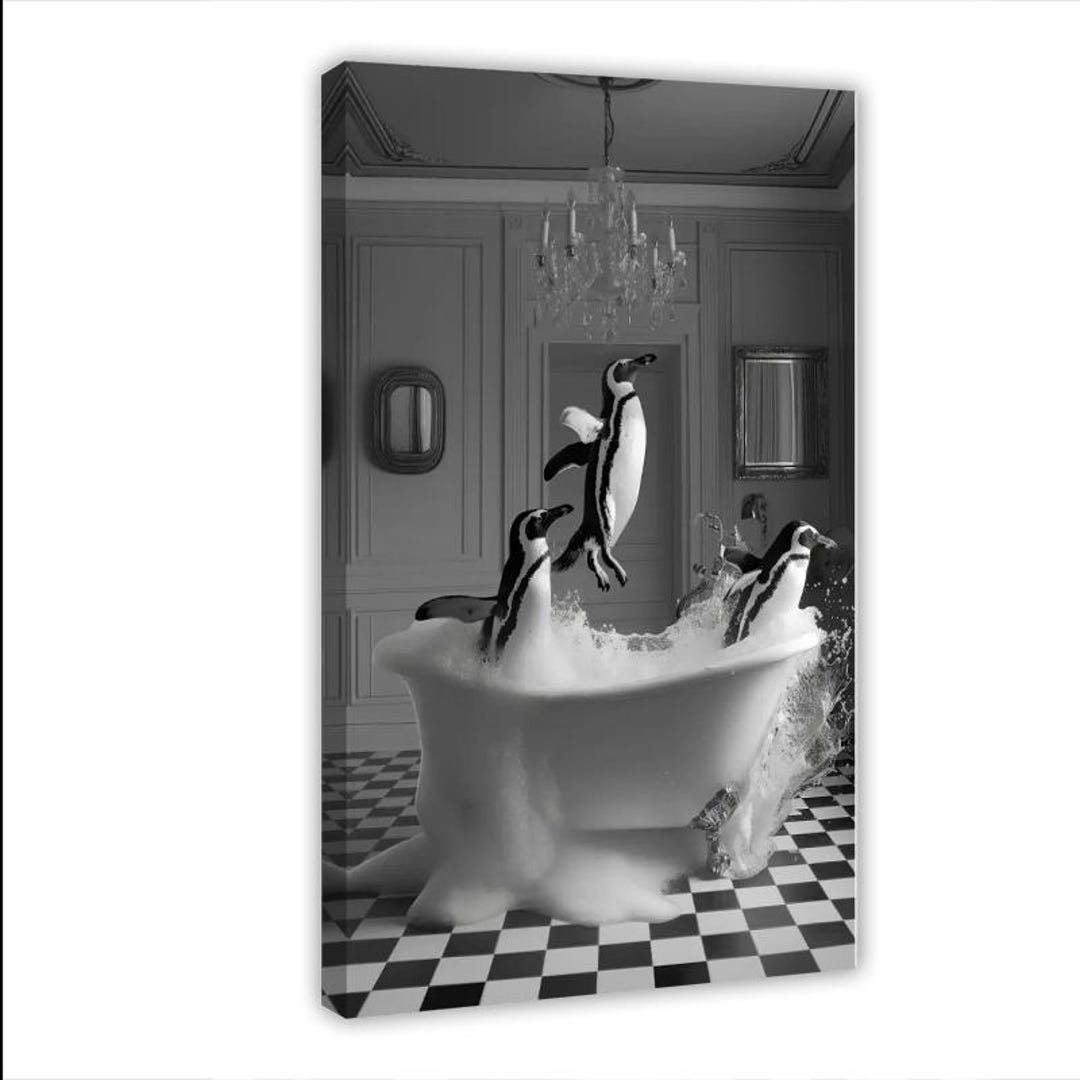 Surreal Penguins Bathtub Art Print, Black and White Vintage Bathroom ...
