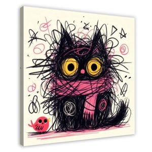 May include: A square canvas print featuring a black cat drawn with chaotic scribbled lines. The cat has large yellow eyes and wears a pink scarf. A small pink bird stands to the left. The background is off-white with scattered pink and black doodles.