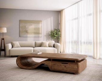 Handcrafted Solid Wood Coffee Table with Storage – Sculptural Rustic Modern Center Table, Living Room Furniture