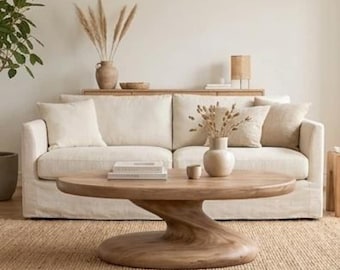 Hand Carved Solid Wood Coffee Table – Oval Rustic Organic Modern Center Table, Natural Living Room Furniture