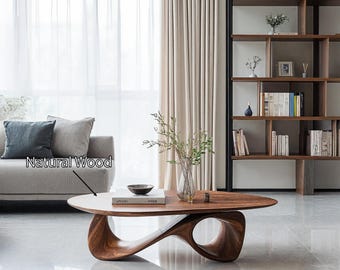 Organic Shaped Solid Wood Coffee Table – Wabi Sabi Sculptural Centerpiece, Handmade Abstract Modern Low Table