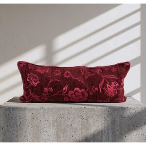 Vintage Burgundy Lumbar Pillow Cover, 24x11 Red Floral Jacquard Cushion Case, Wabi Sabi Rectangular Throw Pillow, Tactile Couch Decor