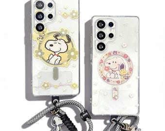 Peanuts Snoopy Samsung Galaxy S Case | Floral Magnetic Stand Lanyard Ultra Cover