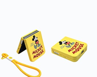 Retro cartoon muishoesje met riem voor Z Flip 7 6 5 4 3, vintage gele telefoonhoes themapark, schattig smileykoord magisch esthetisch