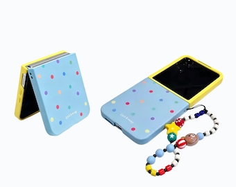 Schattige pastelkleurige stip Samsung Galaxy Z Flip7 6 5 4 3 hoesje met Y2K kralen bedelband, kawaii tweekleurig blauw geel ZFlip opvouwbare telefoonhoes