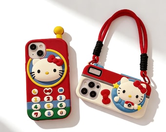 Hello Kitty 3D-siliconen iPhone-hoesje | Retro cameratelefoonhoes met riem kawaii schokbestendige hoes