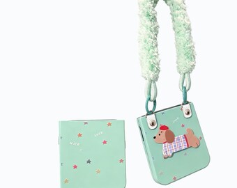 Kawaii teckelhoesje met pluizige band voor Z Flip 7 6 5 4 3, mintgroen wiener hondentasje telefoonhoesje, Y2K pastelkleurige mini-handtas esthetiek
