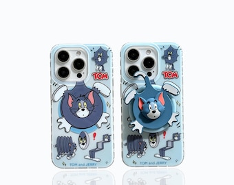 Leuke cartoon kat iPhone-hoesje met handgreep, acryl telefoonhoesje voor iPhone, blauwe kawaii-cover, cadeau voor haar