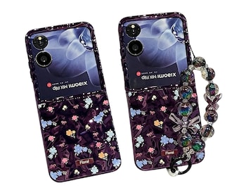 Paarse bloemen acryl flip telefoonhoes, esthetisch telefoonhoesje met polsband met kralen, cadeau voor haar, van toepassing op Galaxy Z Flip 3.4.5.6.7