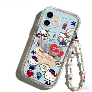 Sanrio Hello Kitty iPhone Case | Travel Collage Mirror Cover with Stand/Bracelet for Gift Cute Kawaii Style With chain