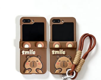 Schattige beer flip-telefoonhoesje, bruine cartoonbeer telefoonhoes, kawaii polsband telefoonhoesje, cadeau voor haar, van toepassing op GalaxyZ Flip en Motorola Razr