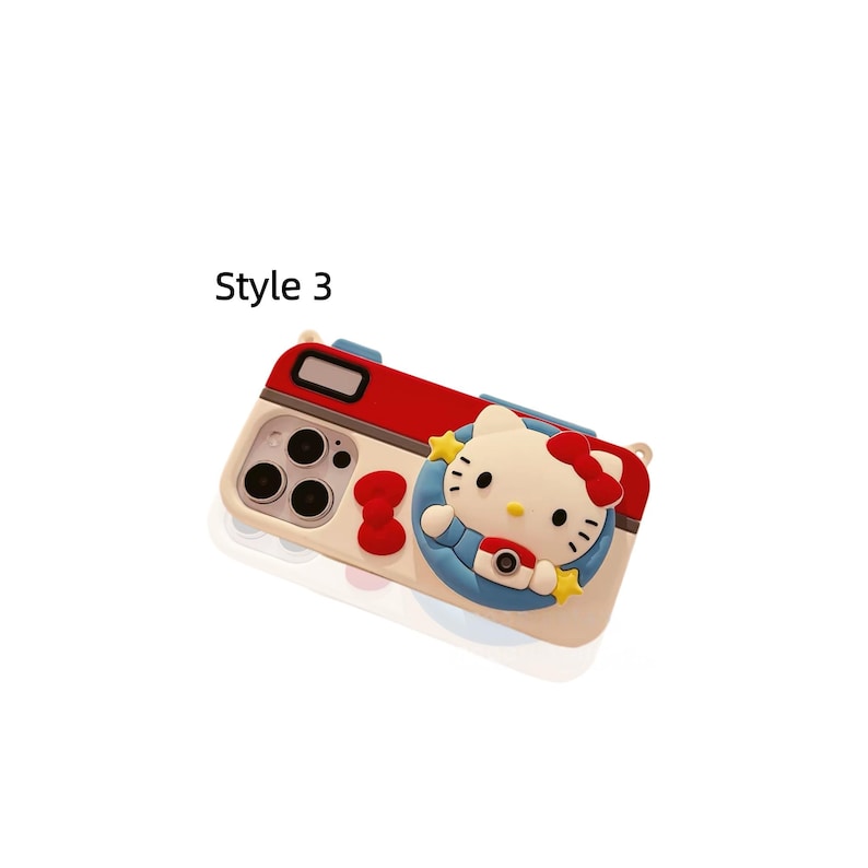 May include: A phone case with a red and white camera design. The case features a cartoon character with a red bow, blue outfit, and yellow stars. The text "Style 3" is printed on the case.