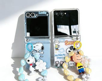 Snoopy Peanuts Galaxy Z Flip Case | Clear Folding Phone Cover with Doll Beaded Chain