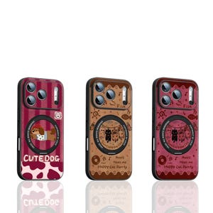 May include: Three phone cases with unique designs. One case features a cartoon dog with the text "CUTE DOG". Another case has a cat theme with the text "Suncure the Cat" and "Happy Cat Parrty". The third case has a similar design.
