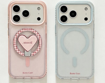 Schattig pastel MagSafe iPhone-hoesje met standaard geruit hart, doorzichtige geribbelde schokbestendige hoes voor iPhone, 2 kleuren schattige telefoonhoes