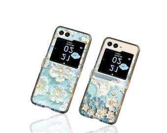 Pastelblauw olieverfschilderij bloemen opvouwbaar hoesje | Samsung Z-flipcover (2 stijlen)