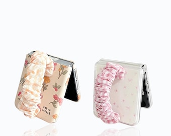 Coquette Floral Case with Scrunchie Strap for Z Flip 7 6 5 4 3, Cute Bunny Ruched Wristband Phone Cover, Cottagecore Bow Foldable Case