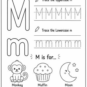 Puede incluir: Una hoja de trabajo educativa en blanco y negro titulada Let's Learn the Letter Mm. Incluye letras M mayúsculas y minúsculas grandes, líneas punteadas para trazar e ilustraciones de un mono, un muffin y una luna con el texto M is for.