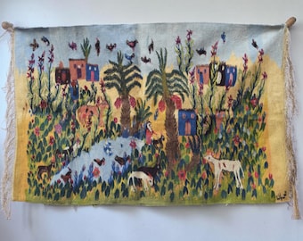 Rare  Egyptian Tapestry by Sharbat – Garden of Life Scene, 5.5×3.4 ft, Handwoven Folk Art, Village Landscape with Animals & Palm Tree