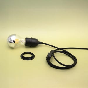 May include: A silver-topped light bulb with a black socket, cord, and switch. A black ring and a coiled cord are also present. The bulb has a clear glass portion with visible filaments. The items are on a light green background.