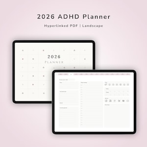 Könnte beinhalten: Zwei schwarze Tablets, die einen 2026 ADHD-Planer anzeigen. Das obere Tablet zeigt ein Kalenderlayout mit Stern- und Punktsymbolen. Das untere Tablet zeigt eine Tagesplaneransicht mit Abschnitten für Aufgaben, Zeitplan und Stimmungsverfolgung.
