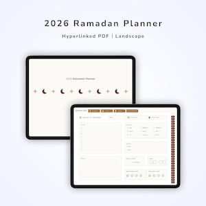 Könnte beinhalten: Zwei digitale Tablets, die einen Ramadan-Planer 2026 anzeigen. Das obere Tablet zeigt den Titel und ein Design mit Mond und Sternen. Das untere Tablet zeigt ein detailliertes Planer-Layout mit Abschnitten für tägliche Aufgaben, Gebete und Notizen.