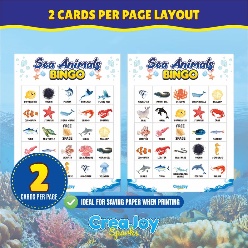 Sea Animals Bingo Printable Game | 60 Unique Bingo Cards | Fun Learning ...
