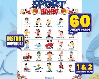 Jeu imprimable de bingo-test sportif | 60 cartes de bingo uniques | Activité festive amusante pour les enfants et les familles | Téléchargement instantané